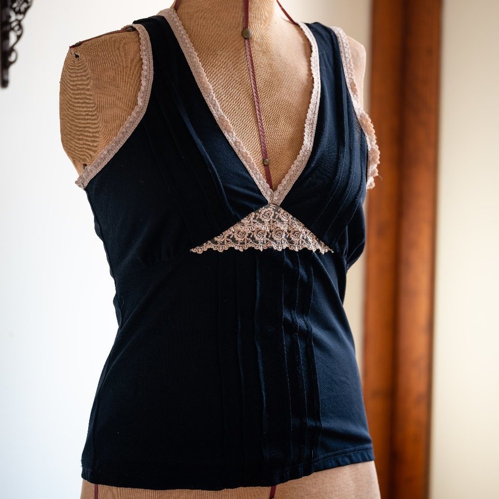 Sexy Black Deep V-Neck Sleeveless Stretch Mesh Top with Lace and Pintuck Details